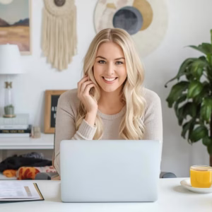 Woman in a bright realistic home office. Product idea generator.